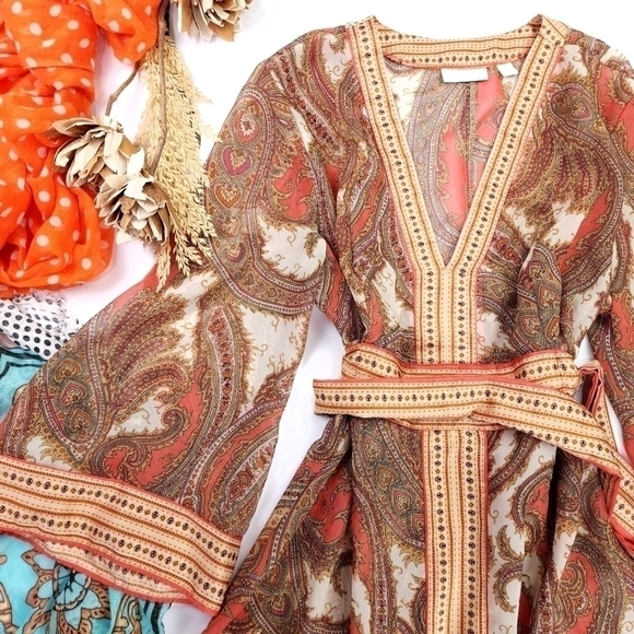 🔴 New York Company Sheer Brown Tan Orange Belted Dress Sz XL - Picture 2 of 10